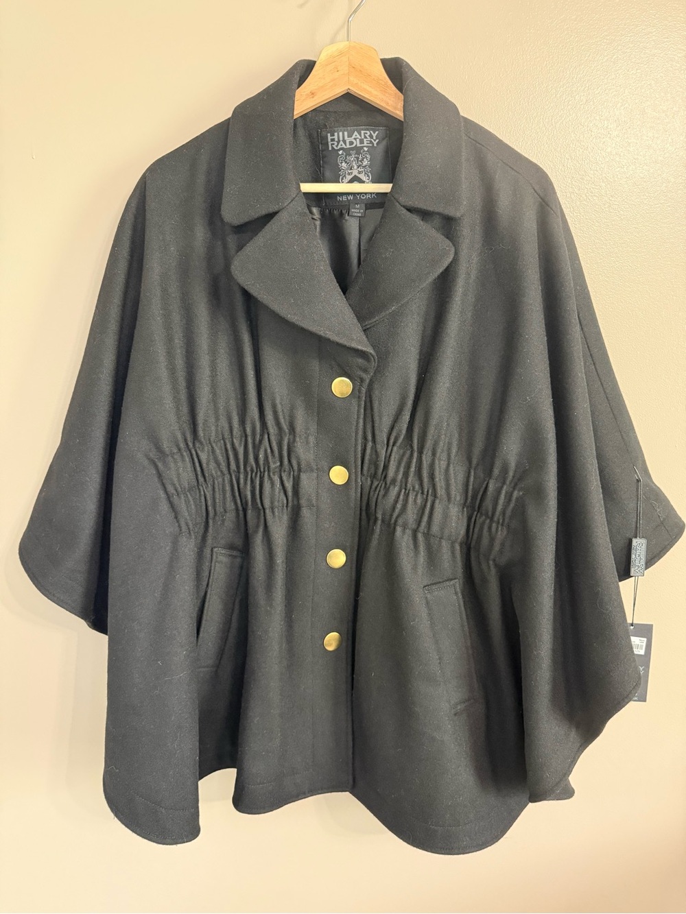 NWT Hilary Radley Black Wool Cinched Poncho Cape Coat‎ Batwing-Sleeves Vintage M - Picture 2 of 14